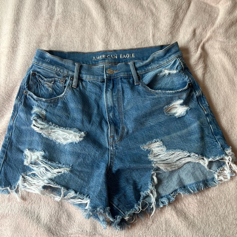American Eagle Outfitters Blue Distressed High-Rise Denim Shorts
